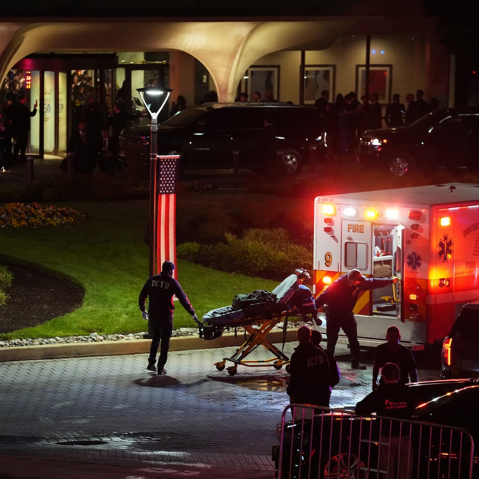 An ambulance responds to an incident at the Washington Hilton during the White House Correspondents Dinner, Saturday, April 25, 2026, in Washington. (AP Photo/Allison Robbert)