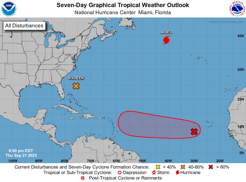 El sistema, que está marcado con una x roja, tiene un 80% de probabilidad de convertirse en una depresión tropical en los próximos siete días.