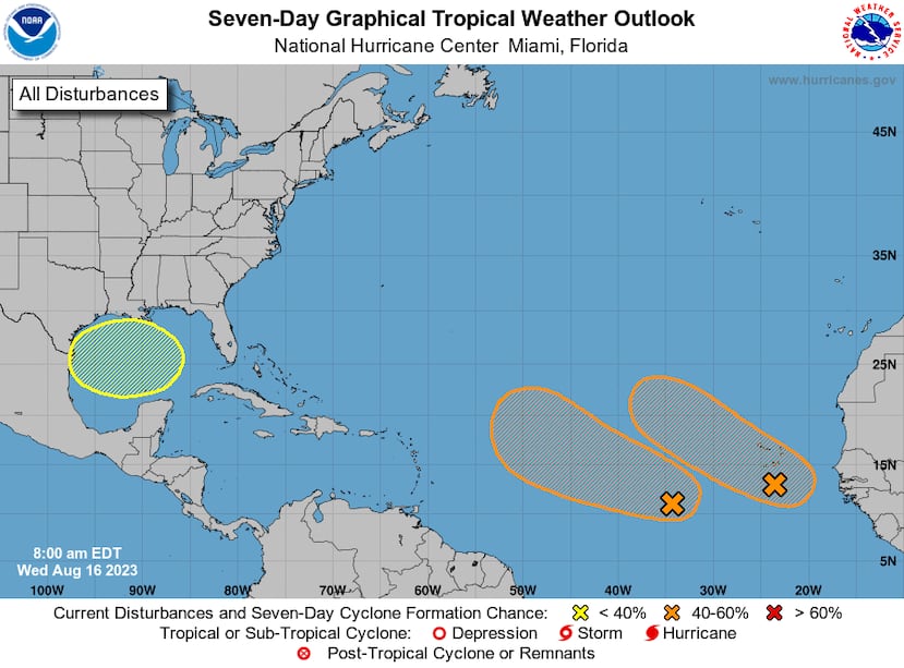 Este mapa marca las zonas de posible desarrollo de tres ondas tropicales. Este mapa no representa una trayectoria oficial y corresponde al análisis de las 8:00 a.m. del 16 de agosto de 2023.