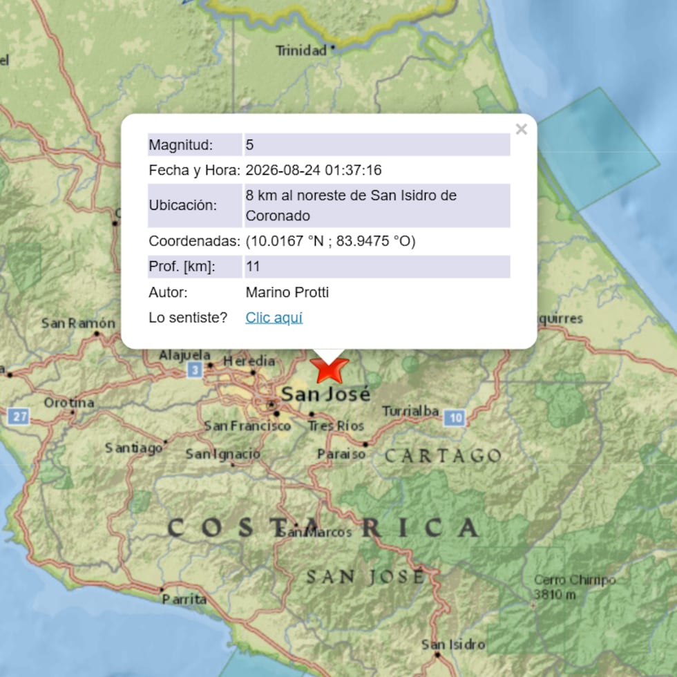 El Observatorio Vulcanológico y Sismológico de Costa Rica (Ovsicori) localizó el epicentro del terremoto principal, de magnitud 5, a 8 kilómetros al noreste de San Isidro de Coronado, provincia de San José.