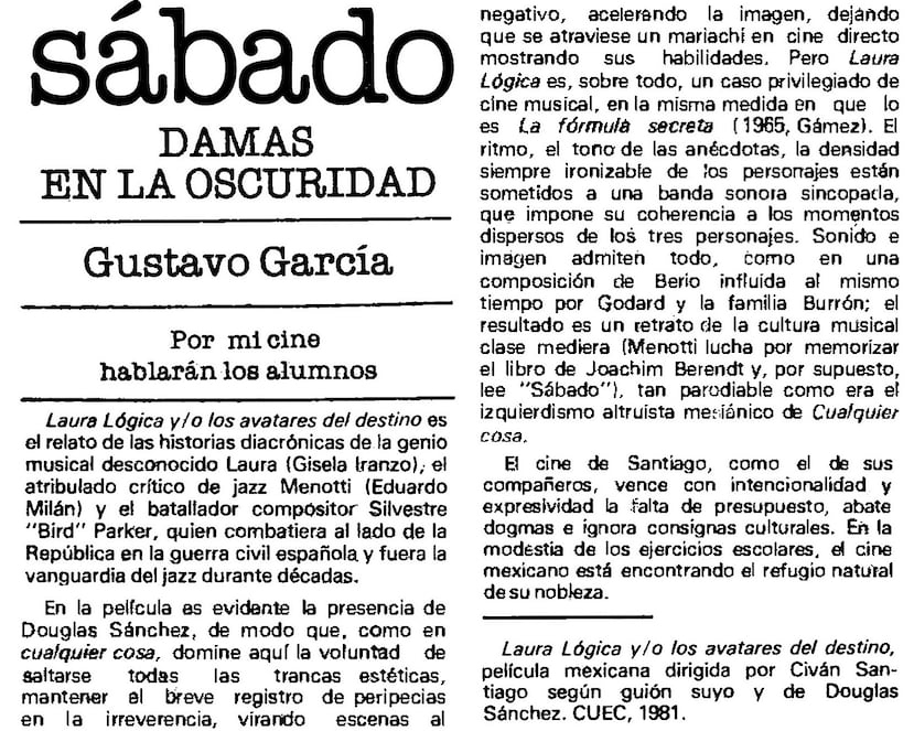 Recorte de periódico de un artículo sobre José Iván “Chiván” Santiago Rivera y su película "Laura Lógica".