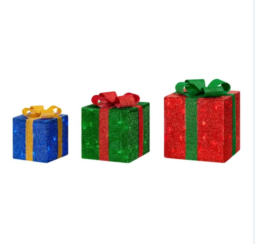 Set de 3 cajas de regalo Yuletide Lane con luces LED.