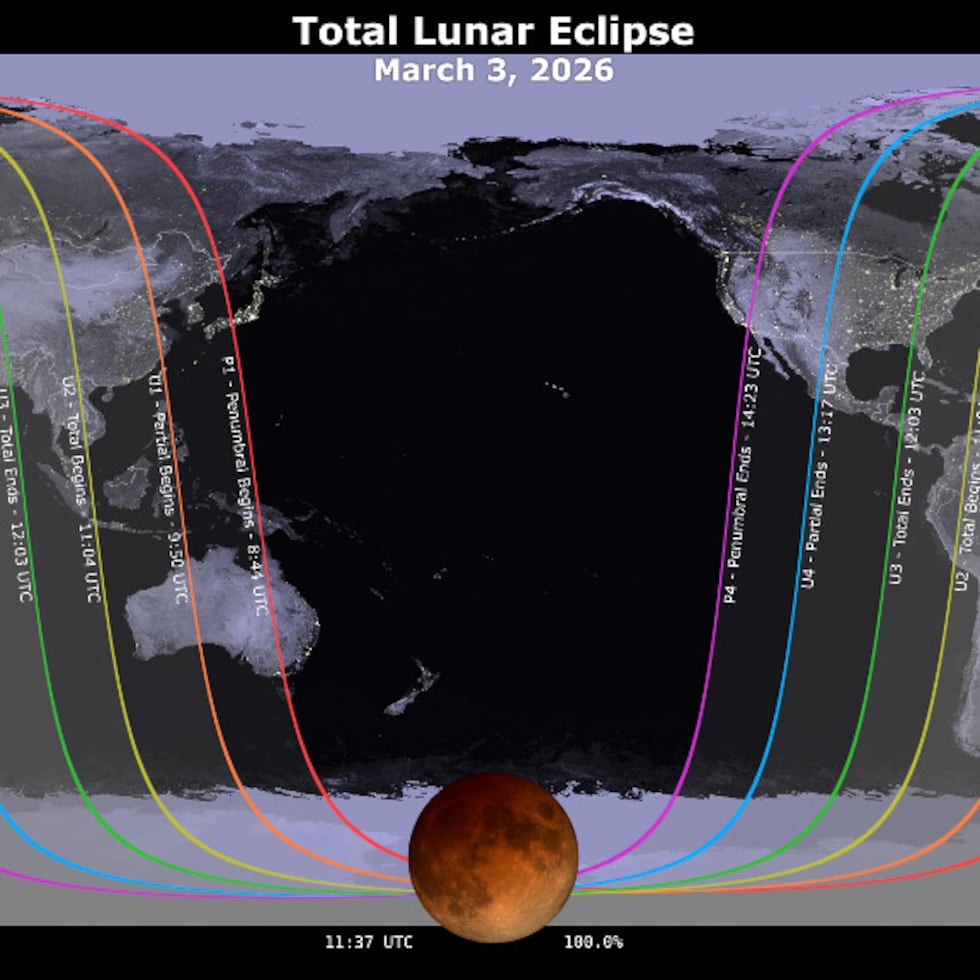 Mapa de la NASA sobre cuándo se podría observar el eclipse lunar el 3 de marzo, según la ubicación en el planeta Tierra.
