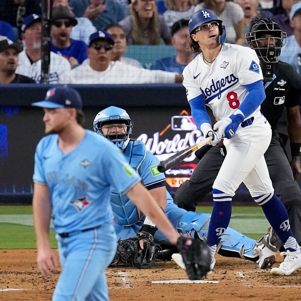 Enrique "Kike" Hernández watches his solo home run against Blue Jays starter Trey Yesavage in the third inning of Game 5 of the 2025 World Series.