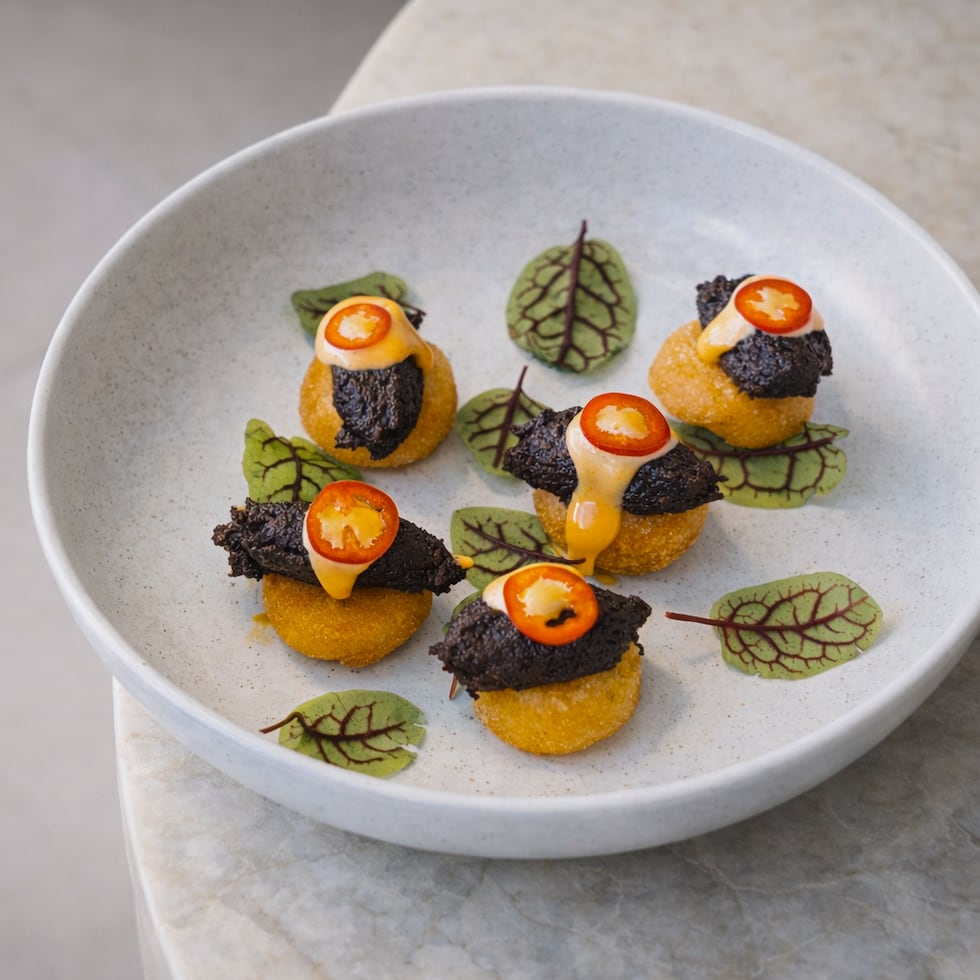 Granitos de arroz humacaeños acompañados de morcilla de El Bembé en el Four Seasons Resort and Residences Puerto Rico, en Río Grande.