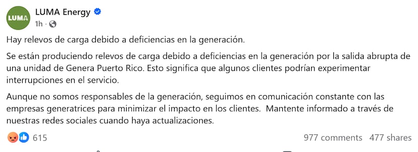 LUMA advierte sobre relevos de carga tras salida de una unidad de Genera PR