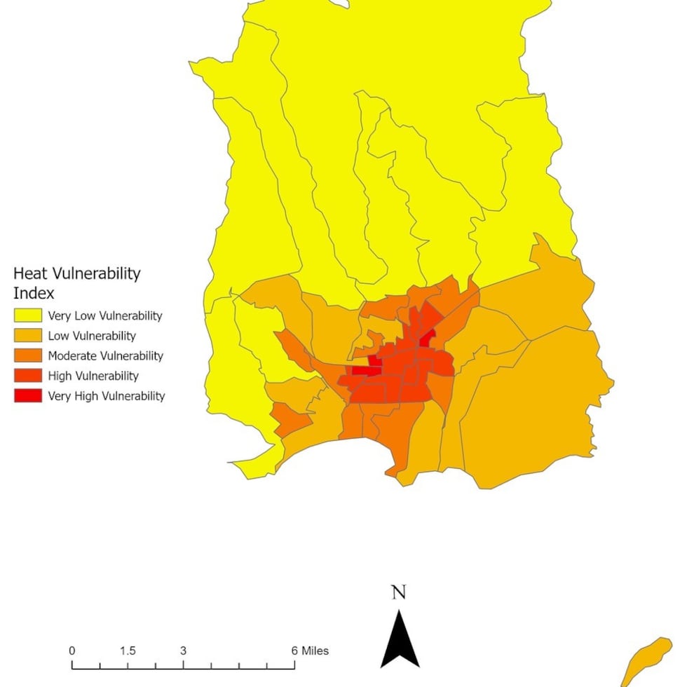 El mapa desarrollado por los investigadores muestra en colores, de más a menos intensos, la vulnerabilidad al calor de los ponceños, desde muy baja hasta muy alta.