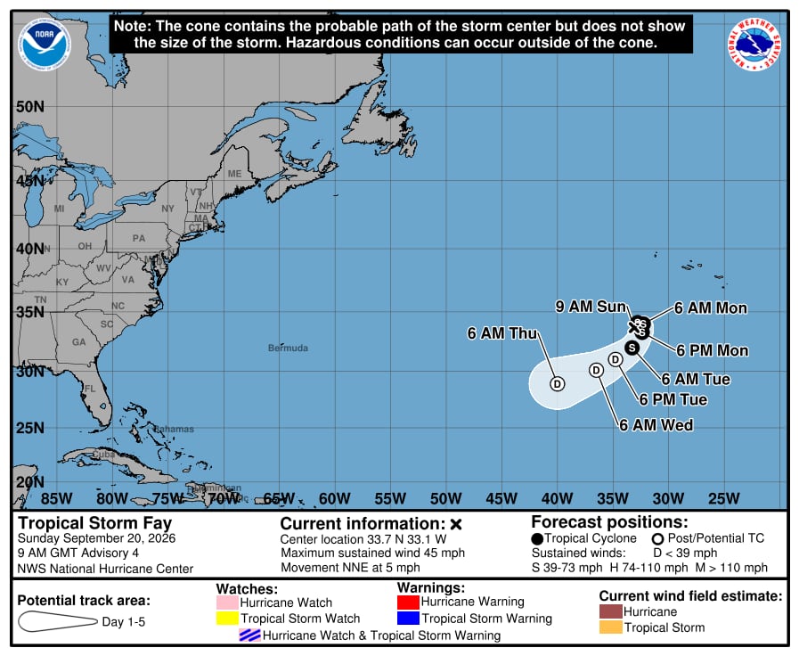 Se forma la tormenta tropical Fay al norte del océano Atlántico