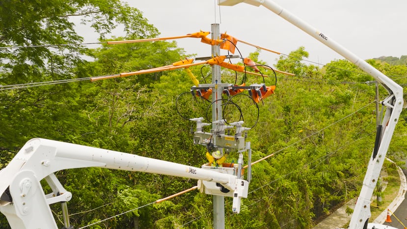 Los reconectores, instalados en postes que resisten vientos de hasta 160 millas por hora, permiten al centro de control monitorear en directo el comportamiento de la red.