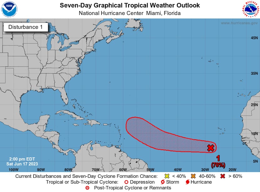 Este mapa marca la zona de posible desarrollo de una onda tropical que saldrá de África. Este mapa no representa una trayectoria oficial y corresponde al análisis de las 2:00 p.m. el 17 de junio de 2023.