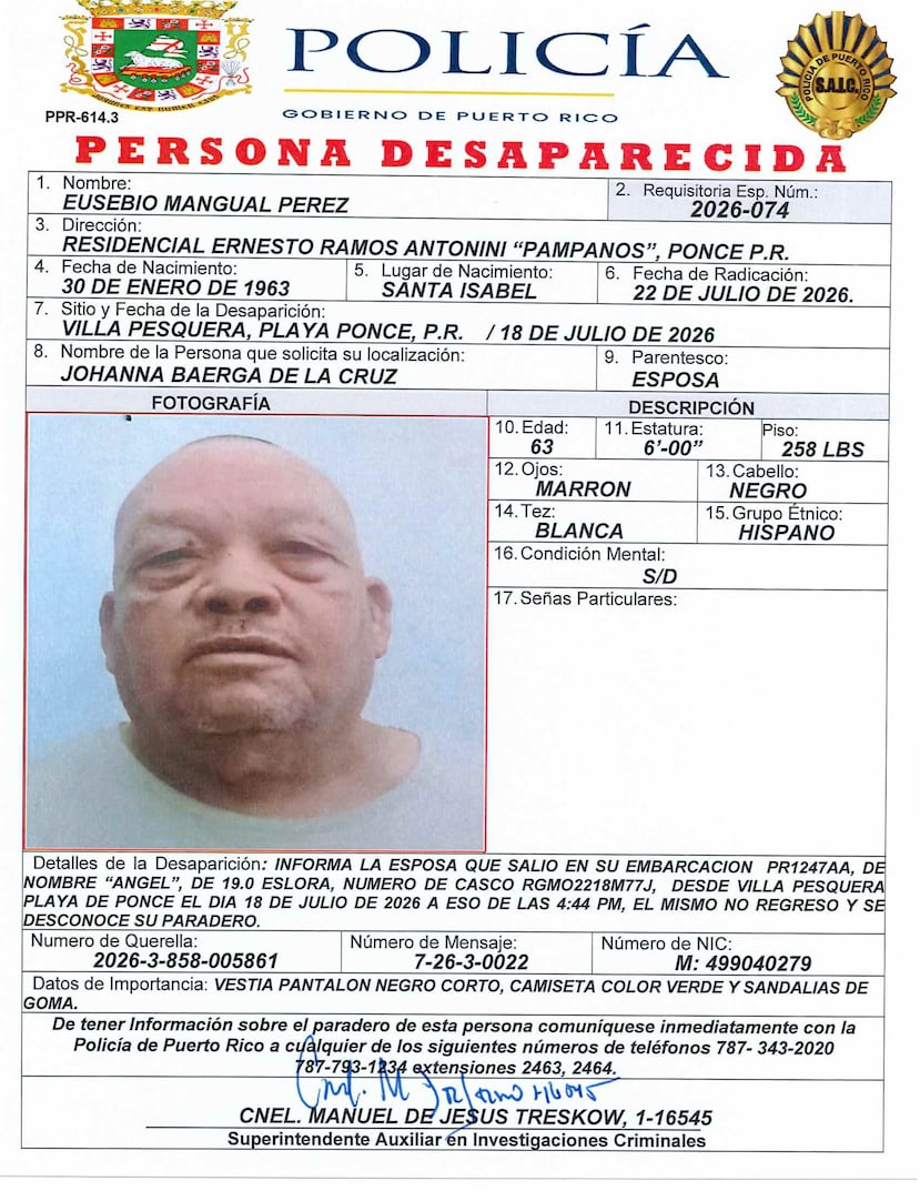 Eusebio Mangual Pérez, de 63 años y residente en el complejo de vivienda pública Ernesto Ramos Antonini, en Ponce, fue reportado por su esposa, Johanna Baerga de la Cruz, quien indicó que vio a su esposo por última vez cuando salió a laborar desde la Villa Pesquera de ese municipio.