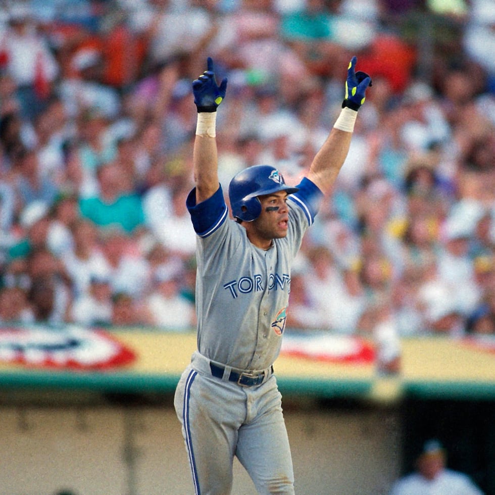 Roberto Alomar, here celebrating a two-run homer in the 1992 playoffs, won two World Series with the Blue Jays.