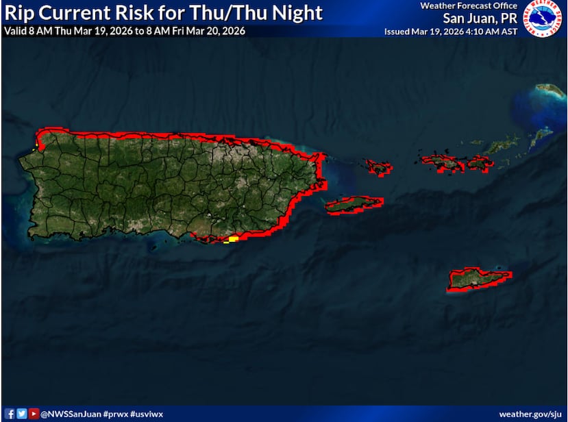 Las zonas marcadas en rojo se encuentran bajo un riesgo alto de corriientes marinas.