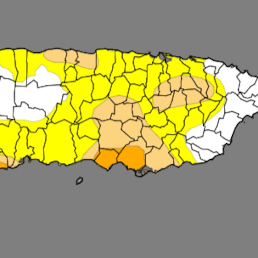 Mapa del Monitor de Sequía de Estados Unidos (USDM, en inglés), que muestra las zonas de Puerto Rico bajo condiciones atípicamente secas, sequía moderada y sequía severa.