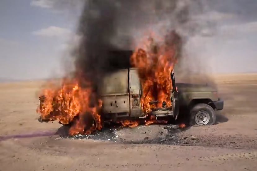 This image taken from undated video released by the Ansar Allah Media Office, the media arm of Yemen's Houthi rebels, on Wednesday, Sept. 9, 2026, shows a pickup truck burning following what the Houthis described as an attack on Saudi-backed forces in eastern Jawf province, Yemen. (Ansar Allah Media Office via AP)