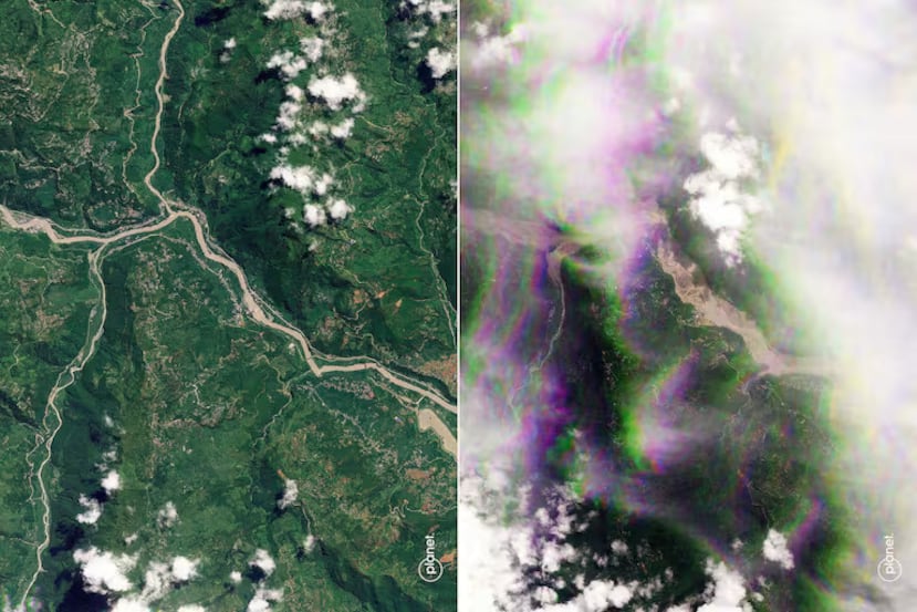 Esta combinación de imágenes satelitales distribuidas el 26 de agosto de 2026 y publicadas por Planet Labs muestra una vista aérea del río Trishuli antes de la gran inundación del 23 de agosto de 2026 (arriba) y después de la inundación del 26 de agosto de 2026 (abajo) en Chappthoke, Nepal.