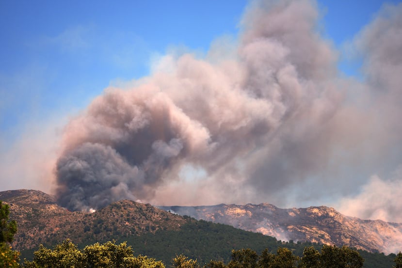 El humo y las llamas se elevan mientras un incendio forestal avanza cerca de La Adrada, provincia de Ávila, España, el viernes 24 de julio de 2026. (Foto AP/Manu Fernández)