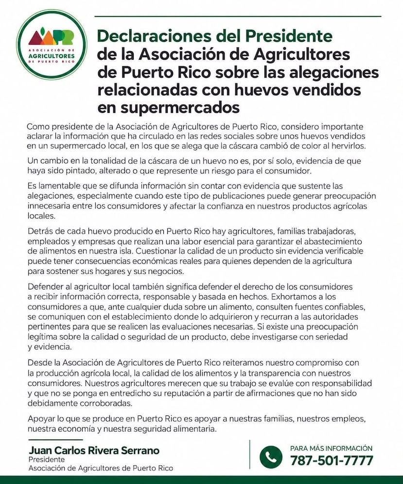Declaraciones del presidente de la Asociación de Agricultores de Puerto Rico, Juan Carlos Rivera Serrano.