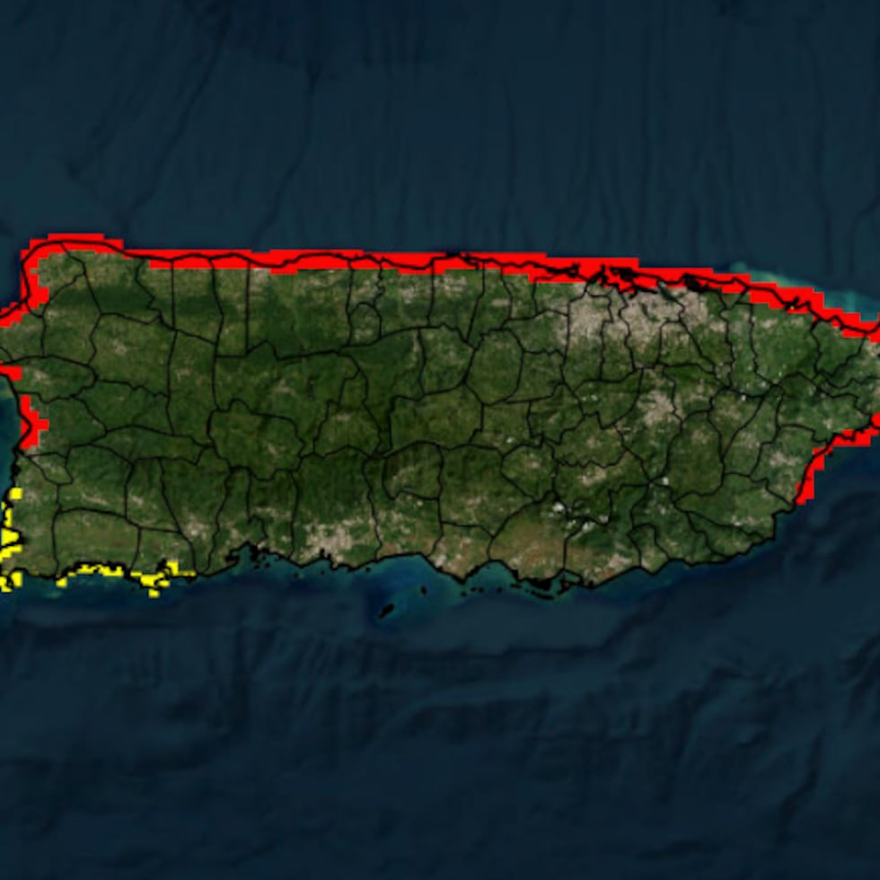 El área en rojo muestra las costas con corrientes marinas peligrosas debido a los efectos de una marejada.