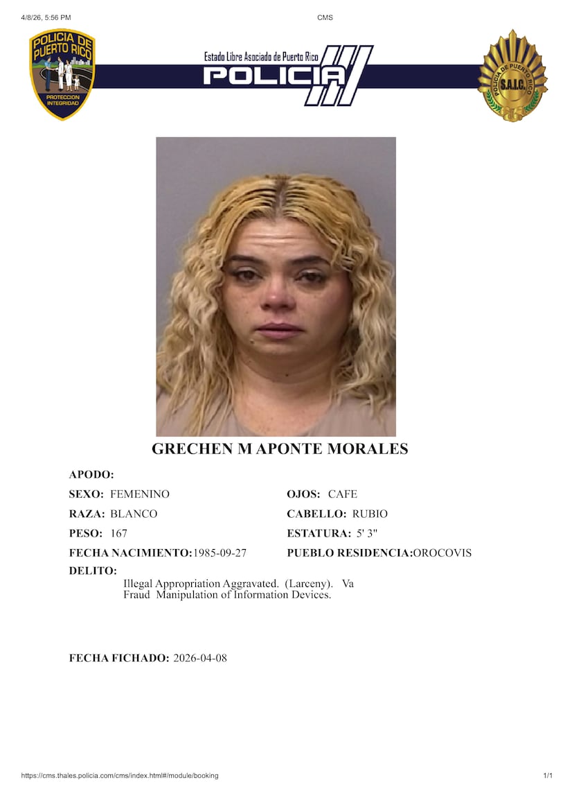 Grechen M. Aponte Morales, de 40 años y residente en Orocovis, enfrenta cargos por fraude y apropiación ilegal.