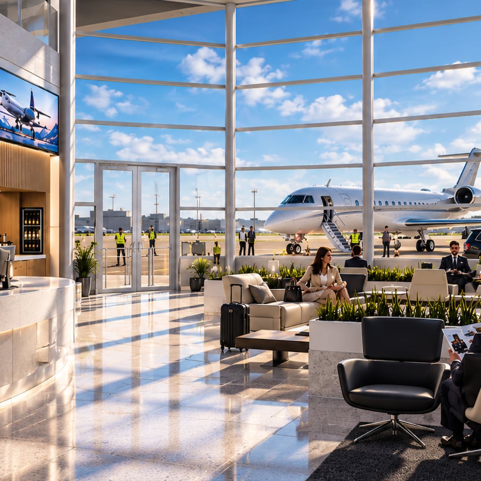 This how it would look like the private aviation campus, VIP lounge and lobby.