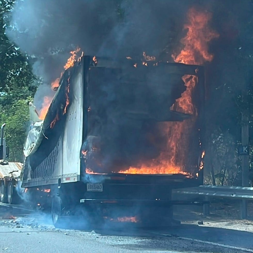 Así luce el camión incendiado en medio de la vía.