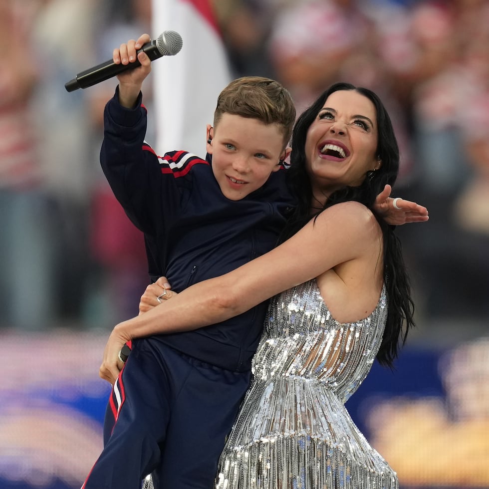 Katy Perry and Tius Luka perform during the opening ceremony ahead of the World Cup Group D soccer match between the United States and Paraguay in Inglewood, Calif., near Los Angeles, Friday, June 12, 2026. (AP Photo/Andre Penner)