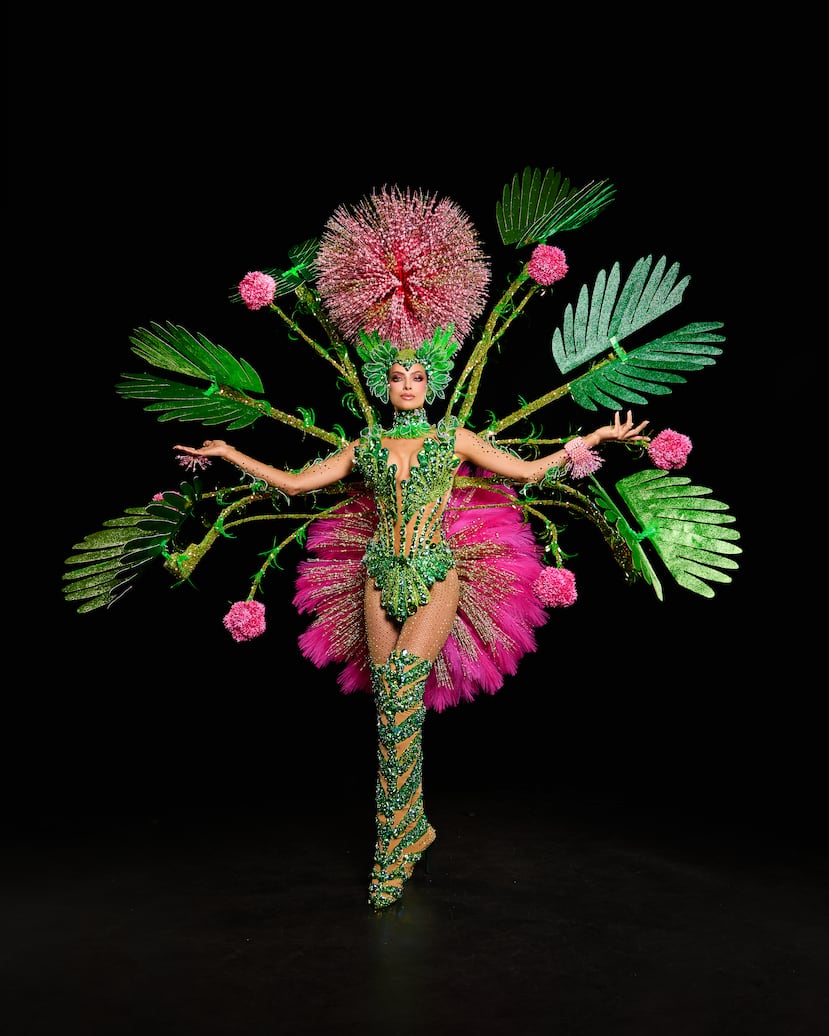Miss Universe Puerto Rico, Jennifer Barreto, con su traje nacional de la planta moriviví.