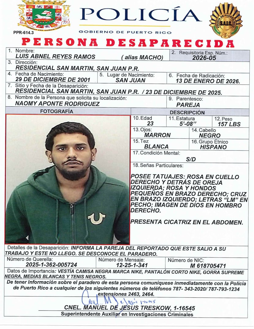 Luis Abnel Reyes Ramos, de 23 años, fue reportado como desaparecido por su pareja, Naomy Aponte Rodríguez, y descrito como de tez blanca, cabello negro, ojos color marrón, 5 pies 8 pulgadas de estatura y 157 libras de peso.