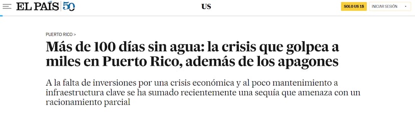 Fotocaptura del reportaje publicado por El País sobre la crisis de agua y la implementación del plan de racionamiento en Puerto Rico.