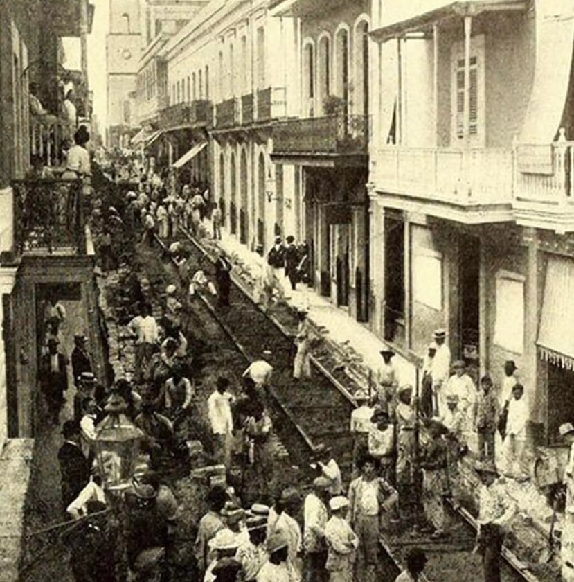 Rieles del ferrocarríl en San Mateo de Cangrejos, cerca de la zona de Villa Palmeras, finales del siglo XIX.