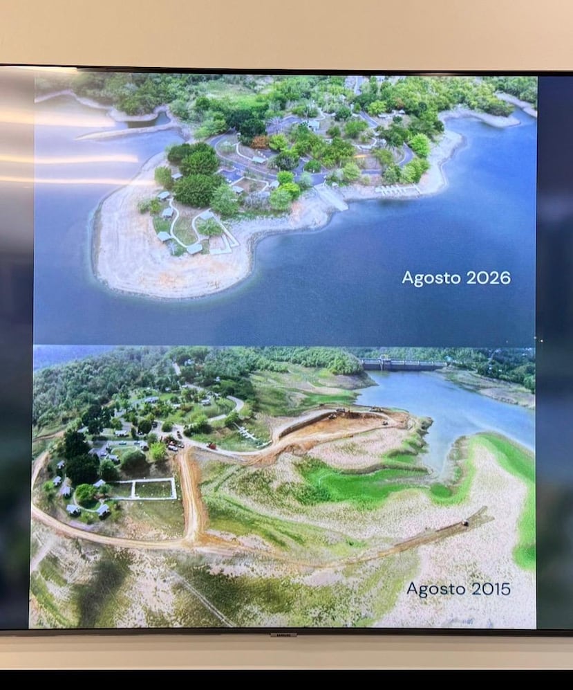 Arriba, una comparación de los niveles del embalse La Plata durante la sequía de 2015 y al presente.