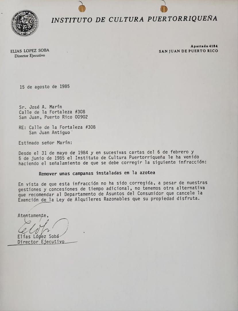 On August 15, 1985, the executive director of the ICP at that time, Elías López Sobá, issued a communication indicating that this property had a frequent history of violations and revocations of exemption benefits.