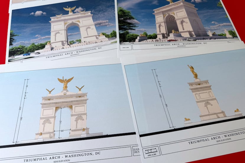 Artist renderings and diagrams for President Donald Trump's new triumphal arch released by the U.S. Commission on Fine Arts that is planned to be built in Washington between the Lincoln Memorial and Arlington National Cemetery, are photographed Friday, April 10, 2026. (AP Photo/Jon Elswick)