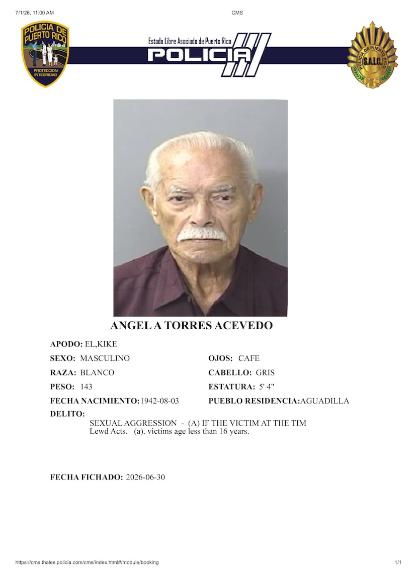 Ángel A. Torres Acevedo, alias Kike, de 83 años residente del pueblo de Aguadilla, enfrenta cargos por agresión sexual y actos lascivos contra una menor de 13.