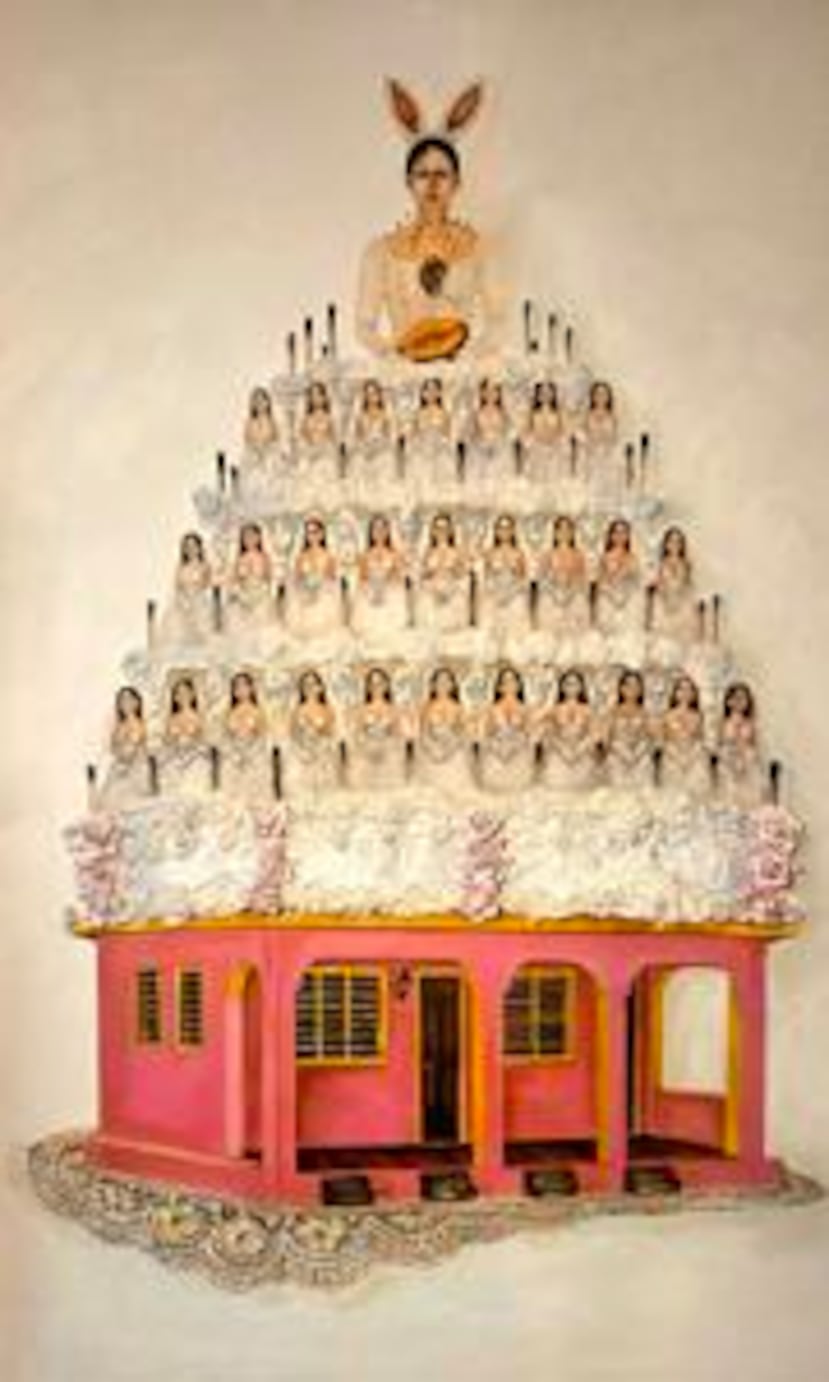 Obra "Tití no sabe que un bizcocho no da para tantas novias" de Hubert Caño que forma parte de la muestra 'Benito 100 x 35' exhibida en i AM art Gallery en San Juan.