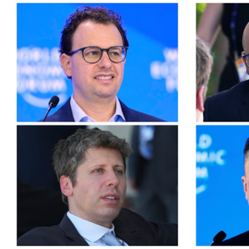 Esta combinación de fotos muestra al director ejecutivo y cofundador de Anthropic, Dario Amodei, arriba a la izquierda, el 23 de enero de 2025; al cofundador de Google DeepMind, Demis Hassabis, arriba a la derecha; y al director ejecutivo de OpenAI, Sam Altman, abajo a la izquierda, el 17 de junio de 2026, y al director ejecutivo de SpaceXAI, Elon Musk, abajo a la derecha, el 22 de enero de 2026.