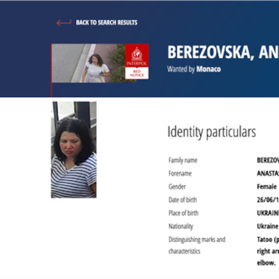 Esta captura de pantalla de la página web de Interpol muestra una notificación roja contra Anastasiia Berezovska, sospechosa del atentado de Mónaco que, según se informa, tenía como objetivo a un magnate ucraniano vinculado a Rusia. (Interpol vía AP)