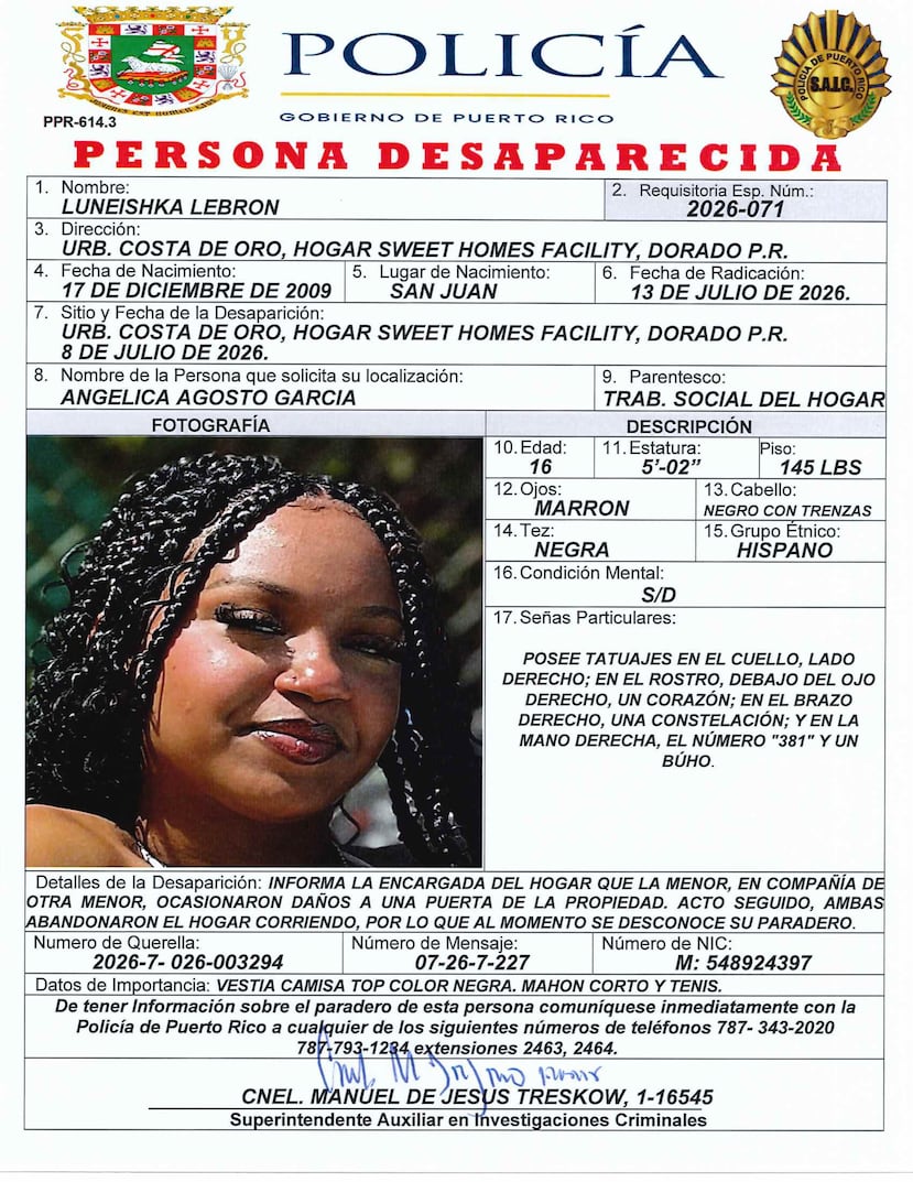 Sún no se tiene rastro de Luneishka Lebrón, también de 16 años y reportada el mismo día por otra trabajadora social.
