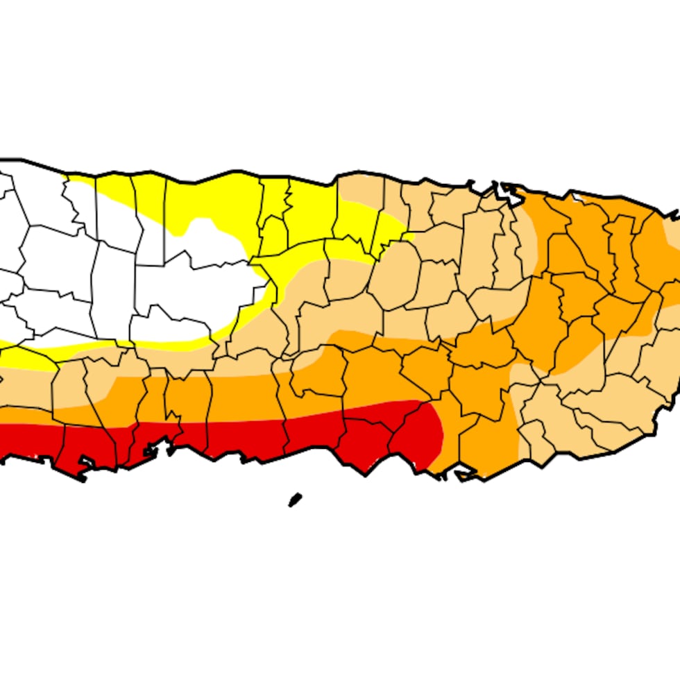 Mapa que muestra el sur de Puerto Rico bajo clasificación de "sequía extrema"
