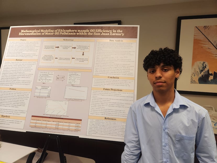 Jeriel Santos Otero, alumno de décimo grado de la Escuela Alianza Especializada en Matemáticas, Ciencias y Tecnología de San Juan, presentó su investigación en el Foro Internacional Ciencia en Puerto Rico (FICEP), en Bayamón.