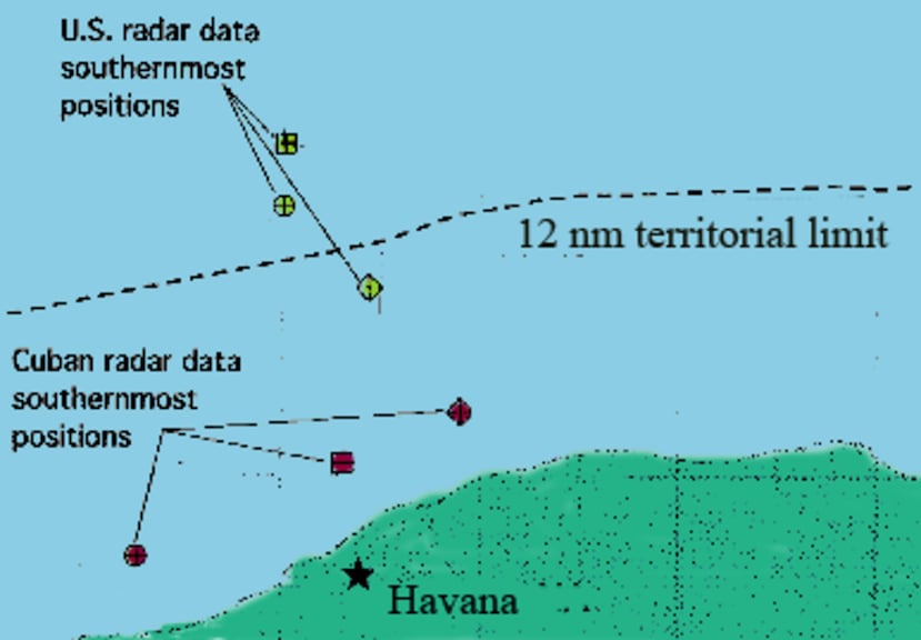 El mapa muestra las ubicaciones más al sur, según datos estadounidenses y cubanos, de los tres aviones pilotados por el grupo de exiliados Hermanos Al Rescate el 24 de febrero de 1996, antes de que dos de ellos fueran derribados por un MIG cubano.