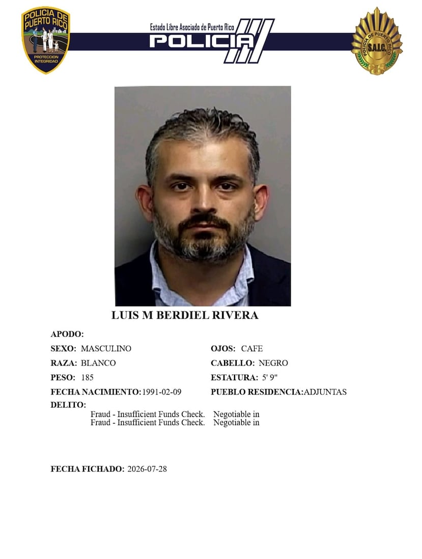 El juez Pedro Hernández, del Tribunal de Ponce, encontró causa para arresto, en la tarde de este martes, por presuntamente emitir cheques sin fondos suficientes contra Luis Miguel Berdiel Rivera, de 34 años, residente en Ponce, e hijo del senador Luis A. Berdiel Rivera, informó la Policía.