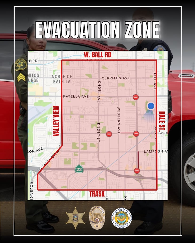 El Departamento de Policía de Garden Grove publicó un esquema de las zonas que serían evacuadas.