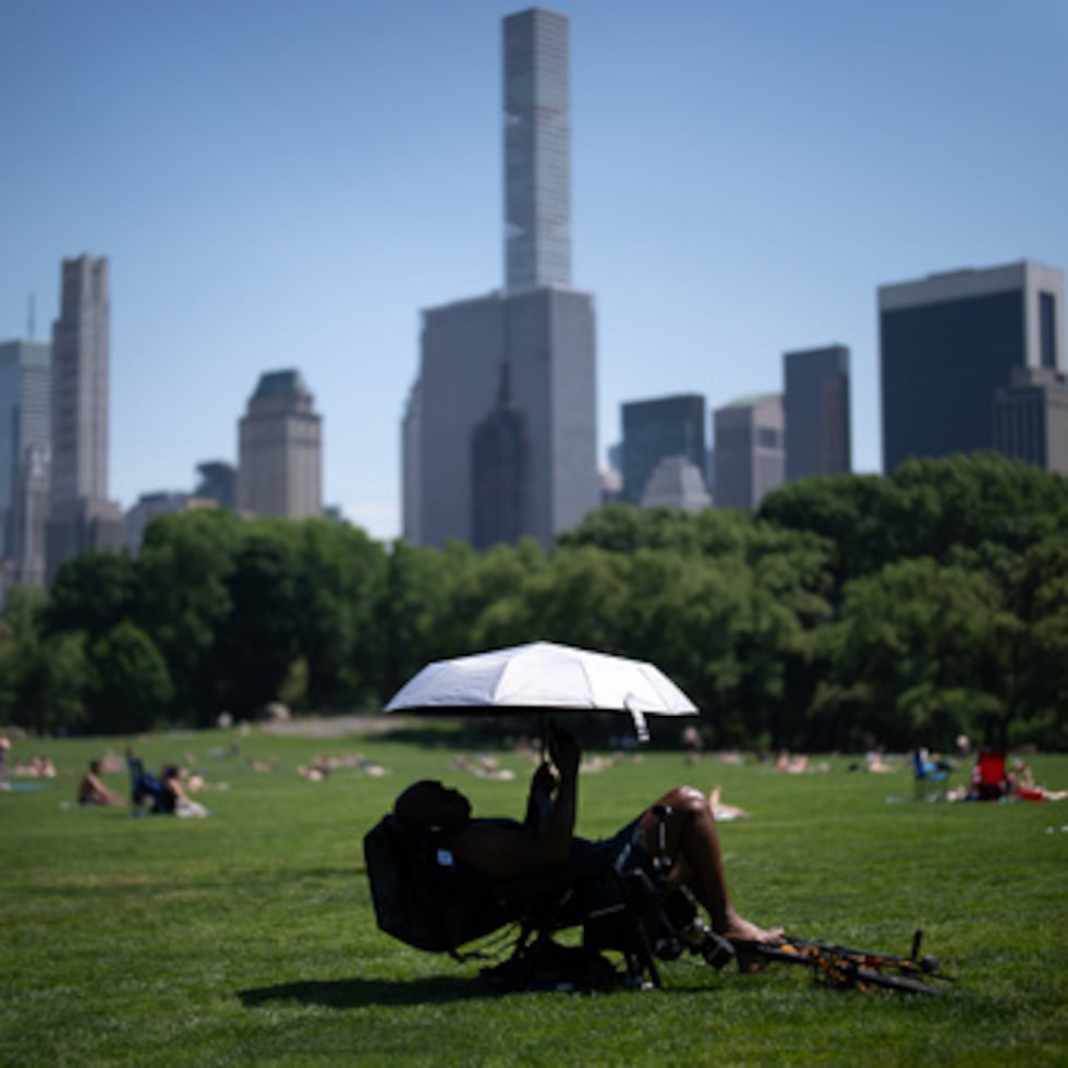 Una persona utiliza un paraguas para protegerse del sol durante una alerta por calor en Central Park, el 19 de mayo de 2026, en Nueva York.