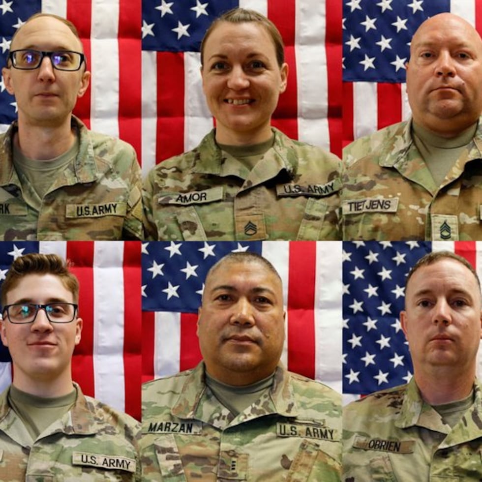 Los seis soldados estadounidenses que perdieron la vida en Kuwait durante la operación Furia Épica. Arriba, desde la izquierda, el capitán Cody Khork, la sargento Nicole Amor, el sargento Noah Tietjens. Abajo, el sargento Declan Coady, el jefe de tercera clase Robert Marzan y el mayor Jeffrey O'Brien.