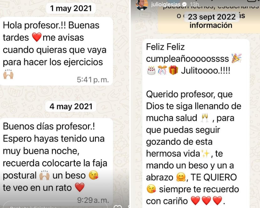 Mensajes revelados por Julio Iglesias a través de sus Story.