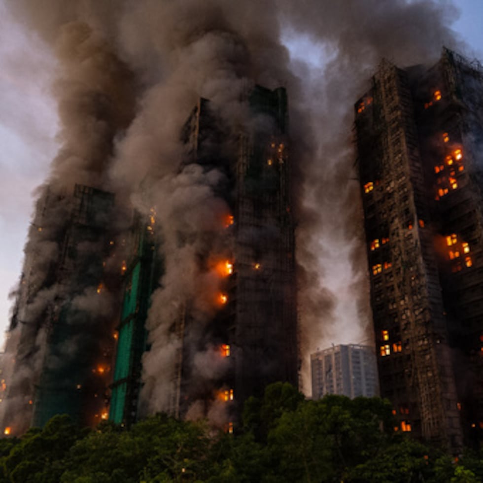 Columnas de humo y llamas después de que se originó un incendio en el complejo residencial de Wang Fuk Court.