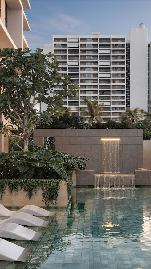 Visualización del área de piscina y terraza del condominio de lujo The Legacy, que RioBlanco Capital LLC propone en la Avenida Luis Vigoreaux, entre Caparra y Guaynabo.