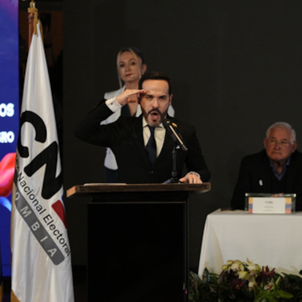 Colombian President-elect Abelardo de la Espriella speaks after receiving his credentials from the National Electoral Council in Bogotá.